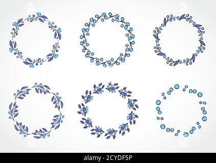 Ensemble vectoriel de cadres ronds fleuris avec emplacement pour votre texte. Bleu Illustration de Vecteur