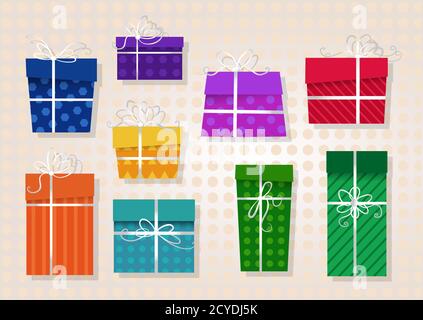 Ensemble vectoriel de cadeaux colorés avec rubans et noeuds blancs. Gradient utilisé. Illustration de Vecteur