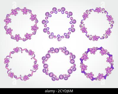 Ensemble vectoriel de cadres ronds fleuris pour votre conception avec place pour votre texte. En violet. Illustration de Vecteur