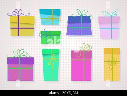 Ensemble vectoriel de cadeaux colorés avec rubans et noeuds. Illustration de Vecteur