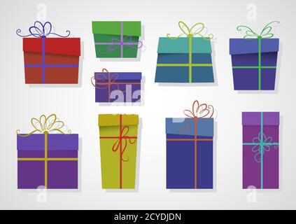 Ensemble vectoriel de cadeaux colorés avec rubans et noeuds. Illustration de Vecteur