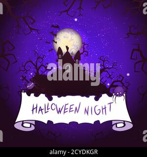 Illustration vectorielle d'Halloween avec château, bannière déchirée et lettrage sur ciel étoilé fond de nuit avec pleine lune. Arrière-plan violet. Illustration de Vecteur
