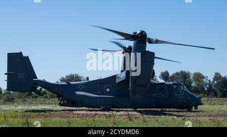 Un avion de tiltrotor d'Osprey CV-22B se trouve dans un champ à Malone, en Floride, le 30 septembre 2020. L'Osprey combine les capacités verticales de décollage, d'atterrissage et de vol stationnaire d'un hélicoptère avec les caractéristiques à longue portée, à faible consommation de carburant et à vitesse d'un avion turbopropulseur. (É.-U. Photo de la Force aérienne par le sergent d'état-major. Joseph Pick) Banque D'Images