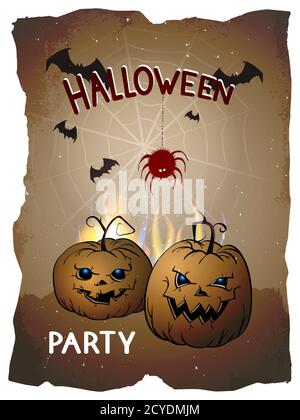 Illustration d'Halloween vectorielle avec citrouilles et lettrage dessiné à la main sur un arrière-plan en papier déchiré. Illustration de Vecteur