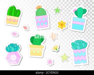 Ensemble vectoriel d'autocollants avec cactus et succulents dans des pots de fleurs. Style plat. Collection de couleurs. Illustration de Vecteur