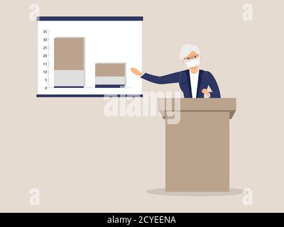 Haut-parleur gris-cheveux femme dans le masque de protection derrière la lecterne marque signalez et pointez sur l'affiche avec le schéma de diminution de indicateurs pendant le virus Banque D'Images