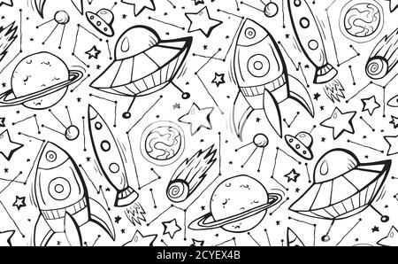 Motif noir et blanc sans couture avec contour dessiné à la main pour enfants des illustrations d'étoiles, de vaisseaux spatiaux et d'OVNIS. Texture de l'effet de texture vectoriel pour le papier peint, texti Illustration de Vecteur