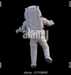 astronaute pendant la sortie d'espace, isolé sur fond noir, vue arrière Banque D'Images