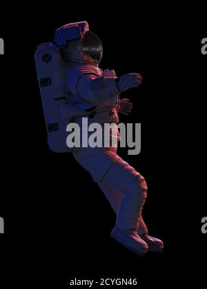 astronaute pendant la sortie d'espace, isolé sur fond noir, vue latérale Banque D'Images