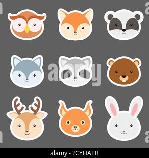 Ensemble de jolis autocollants têtes d'animaux amusants. Personnages d'animaux de dessin animé Woodland pour le dessin d'imprimé de bébé, vêtements d'enfant, douche de bébé, salutation et voiture d'invitation Illustration de Vecteur