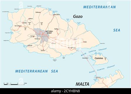 Carte routière vectorielle des deux îles maltaises Gozo et Comino, Malte Illustration de Vecteur