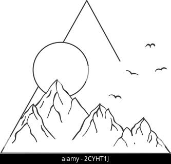 Montagnes, soleil et nuages inscrits dans un triangle. Illustration de Vecteur