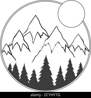 Montagnes, forêt et soleil inscrits dans un cercle. Illustration de Vecteur