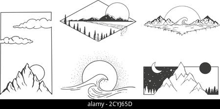 Montagnes, soleil et nuages. Ensemble de motifs vectoriels. Illustration de Vecteur