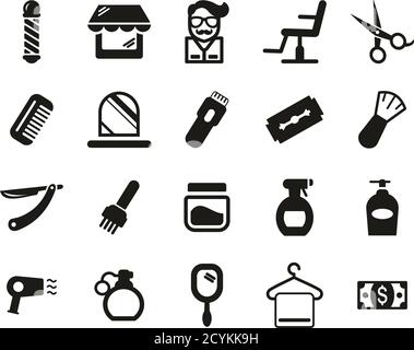 Salon de coiffure ou boutique de coiffeur Icons Set Noir & Blanc Grand Illustration de Vecteur