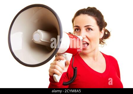 Jeune femme parlant dans un grand mégaphone Banque D'Images