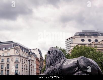 Une statue de Lion Landseer à Trafalgar Square, Londres, Royaume-Uni. Banque D'Images