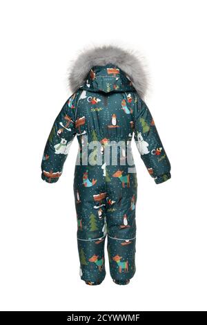 Odessa, UKRAINE - octobre. 2, 2020. Dorechi, pôle Nord - Snowsuit, vêtements d'hiver pour enfants pour la marche avec capuche en fourrure, vue arrière, dos blanc isolé Banque D'Images