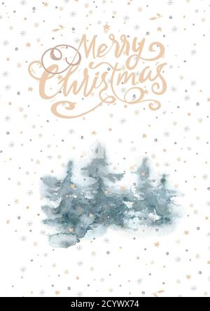 Joyeux Noël arbre lettrage carte forêt bonne année. Vacances d'hiver . Élément graphique de carte postale de neige forestière. Primitive écrite à la main mignonne Banque D'Images