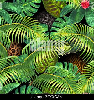 Arrière-plan tropical. Plantes exotiques, feuilles vertes, branches, fleurs roses et animaux tropicaux sur fond noir. Illustration aquarelle dessinée à la main. Banque D'Images