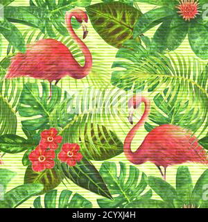Le paradis en arrière-plan. Flamants roses exotiques tropicaux, feuilles vertes, branches et fleurs brillantes sur fond vert rayé horizontal. Main aquarelle Banque D'Images