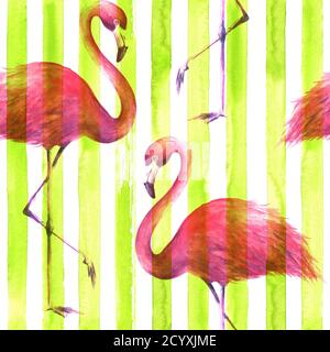 Flamants roses exotiques tropicaux sur fond vert citron et blanc à rayures verticales. Illustration aquarelle dessinée à la main. Motif sans coutures pour un enveloppement Banque D'Images