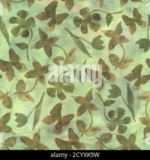 Mode camouflage floral arrière-plan abstrait. Motif bois sans couture avec fleurs et papillons abstraits. Kaki, marron, beige et vert. Banque D'Images