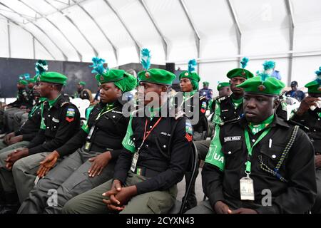 Le 5 janvier 2019, des officiers de police constitués nigérians servant dans le cadre de la Mission de l’Union africaine en Somalie (AMISOM) ont assisté à une cérémonie d’adieu marquant la fin de leur tour de service en Somalie. Banque D'Images