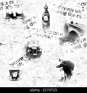 Le journal londonien noir et blanc grunge fond. Texture sans couture avec symboles de l'Angleterre dessinés à la main. Big Ben Westminster Bridge Tower Thames Black Banque D'Images