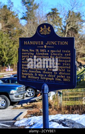 Hanover Junction, PA, États-Unis - février 28. 2016: Un marqueur historique note l'importance que le président Lincoln a passé à travers la région pendant enro Banque D'Images