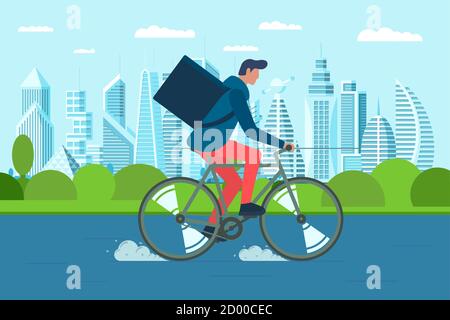 Jeune homme de messagerie avec sac à dos de vélo et porte des marchandises et des paquets de nourriture sur la rue moderne de ville. Service de commande de livraison écologique à cycle rapide. Illustration vectorielle Illustration de Vecteur