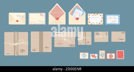 Colis, enveloppes et timbres-poste, collection de packs d'icônes de service postal. Vue de dessus, illustrations vectorielles isolées sur fond marron. Dessin animé plat Illustration de Vecteur