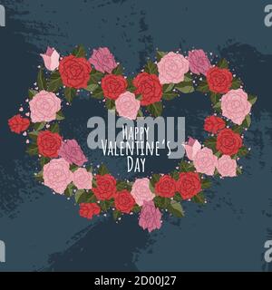 Affiches mignonnes avec des éléments de jour de Saint-Valentin voeux, cadre en forme de coeur, illustration vectorielle dans le style de dessin animé plat. Prospectus, invitation, affiche, brochette Illustration de Vecteur