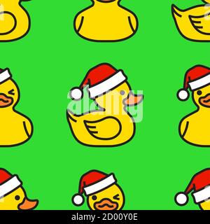 Canard en caoutchouc jaune à motif sans couture dans un chapeau de père noël. Illustration de Vecteur