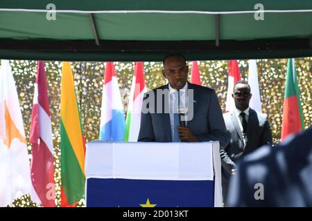 Le Premier ministre somalien, Hassan Ali Khaire, s'adresse aux invités lors d'une cérémonie qui aura lieu le 09 mai 2018 à Mogadiscio, à l'occasion de la Journée de l'Union européenne. Banque D'Images