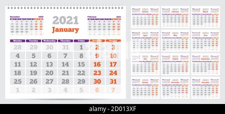 Calendrier 2021. Début de la semaine à partir du lundi. Ensemble de 12 mois. Prêt pour l'impression. Illustration vectorielle Illustration de Vecteur