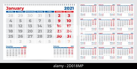 Calendrier 2021. Début de la semaine à partir du lundi. Ensemble de 12 mois. Prêt pour l'impression. Illustration vectorielle Illustration de Vecteur