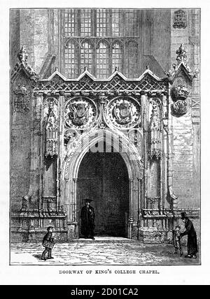 Porte de la chapelle King’s College, Cambridge, Cambridgeshire, Angleterre, gravure victorienne, 1840 Banque D'Images