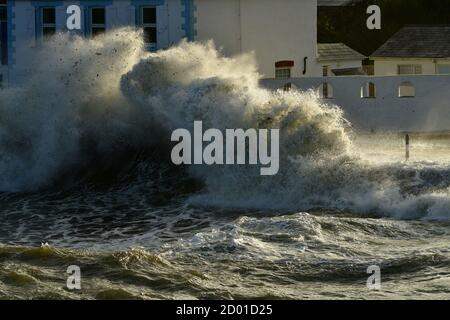 Portmellina, Cornwall. 2 octobre 2020. Météo Royaume-Uni. Des vagues de la force de tempête énormes battent des maisons sur le devant à Portmelléon à Cornwall vendredi après-midi. Crédit photo Robert Timoney/Alamy/Live/News Banque D'Images