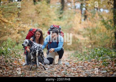 Couples randonneurs avec un chien ; concept de mode de vie actif Banque D'Images