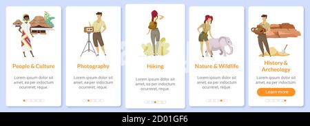 Modèle de scénario d'écran d'application mobile d'intégration d'exploration. Histoire et culture. Découverte, recherche. Parcourez les étapes du site Web avec des caractères plats. UX Illustration de Vecteur