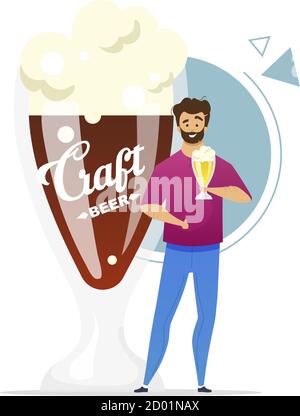 Illustration vectorielle de couleur plate pour consommateur de bière artisanale. Microbrasserie. Petite brasserie. Homebrasseur. Homme avec une pinte de bière. Brasseur. Dessin animé isolé Illustration de Vecteur