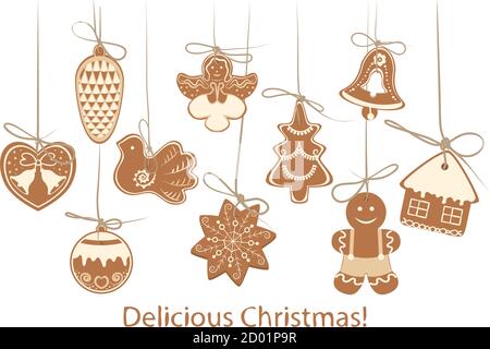 Cookies de Noël, vecteur, icône, nouvel an. Illustrations vectorielles isolées en blanc. Illustration de Vecteur