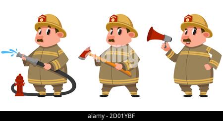 Pompier dans différentes poses. Personnage masculin de style dessin animé. Illustration de Vecteur