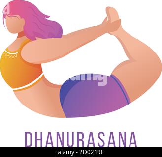 Illustration à vecteur plat Dhanurasana. Posture de l'arc. Femme Caucausienne faisant du yoga dans les vêtements de sport orange et violet. Entraînement, fitness. Exercice physique Illustration de Vecteur