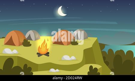 Illustration vectorielle Camping SIT Flat. Scène nocturne avec feu de camp et tentes. Arrêt de nuit sur le sommet de la montagne. Repos de randonnée sur la colline platon. Paysage du champ Illustration de Vecteur