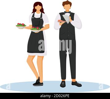 Les serveurs d'hôtel sont représentés par un vecteur de couleur uniforme et plat. Service de restauration. Serveuse de salades de légumes. Employés de restaurant avec des plats Illustration de Vecteur