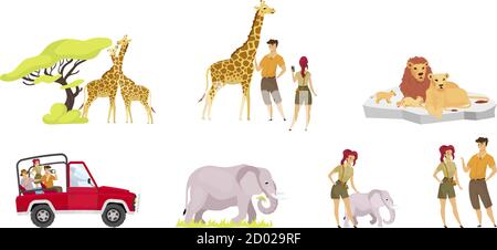 Jeu d'illustrations vectorielles plates pour expédition africaine. Paire de girafes près de l'arbre. Groupe touristique en voiture. Femme et homme observent les éléphants. Famille Lion Illustration de Vecteur