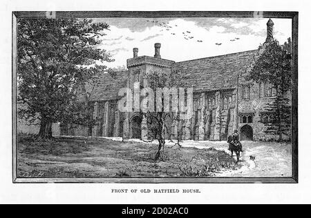 Très rare, magnifiquement illustré Antique gravure de Hatfield, Hatfield, Front of Old Hatfield House, Hertfordshire, Angleterre Victorian Engraving, 1 Banque D'Images