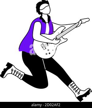 Illustration du vecteur de contour plat du guitariste. Joueur de guitare de saut. Musicien. Membre du groupe musical. Rock and Roll. Homme avec instrument de musique. Isolé Illustration de Vecteur